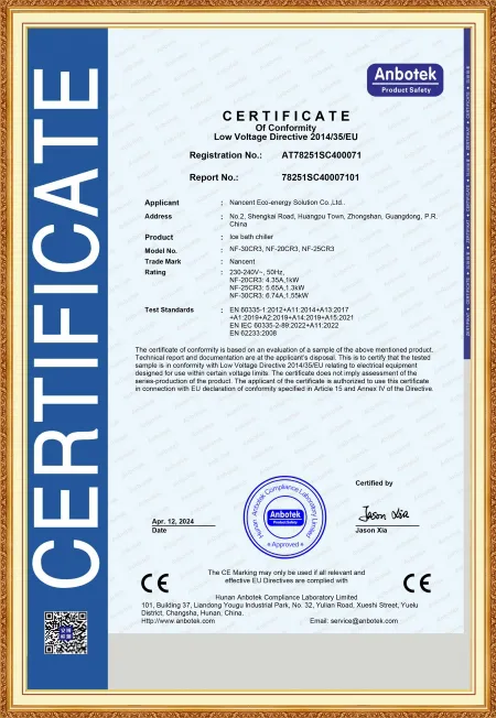 CE LVD Certification for Ice Bath Chiller